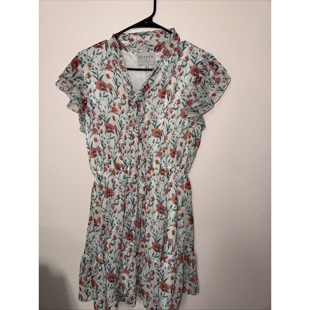 Hayden Los Angeles Womens Cream Floral Tie-Collar High Neck Ruffle Dress Medium
